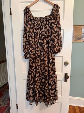 Anthropologie Moon River Brown and Tan Printed Off-Shoulder Maxi Dress